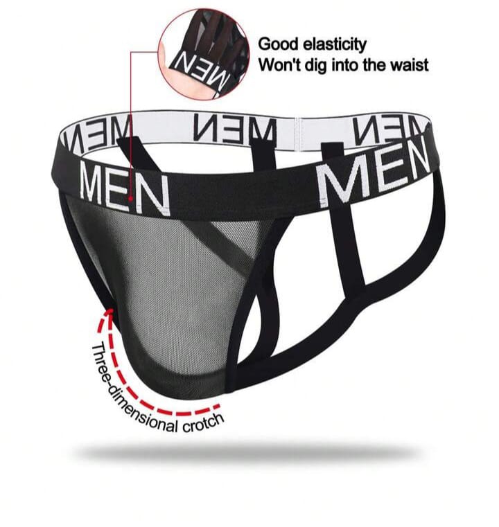 Men's slim fit sexy black hollow-out mesh briefs